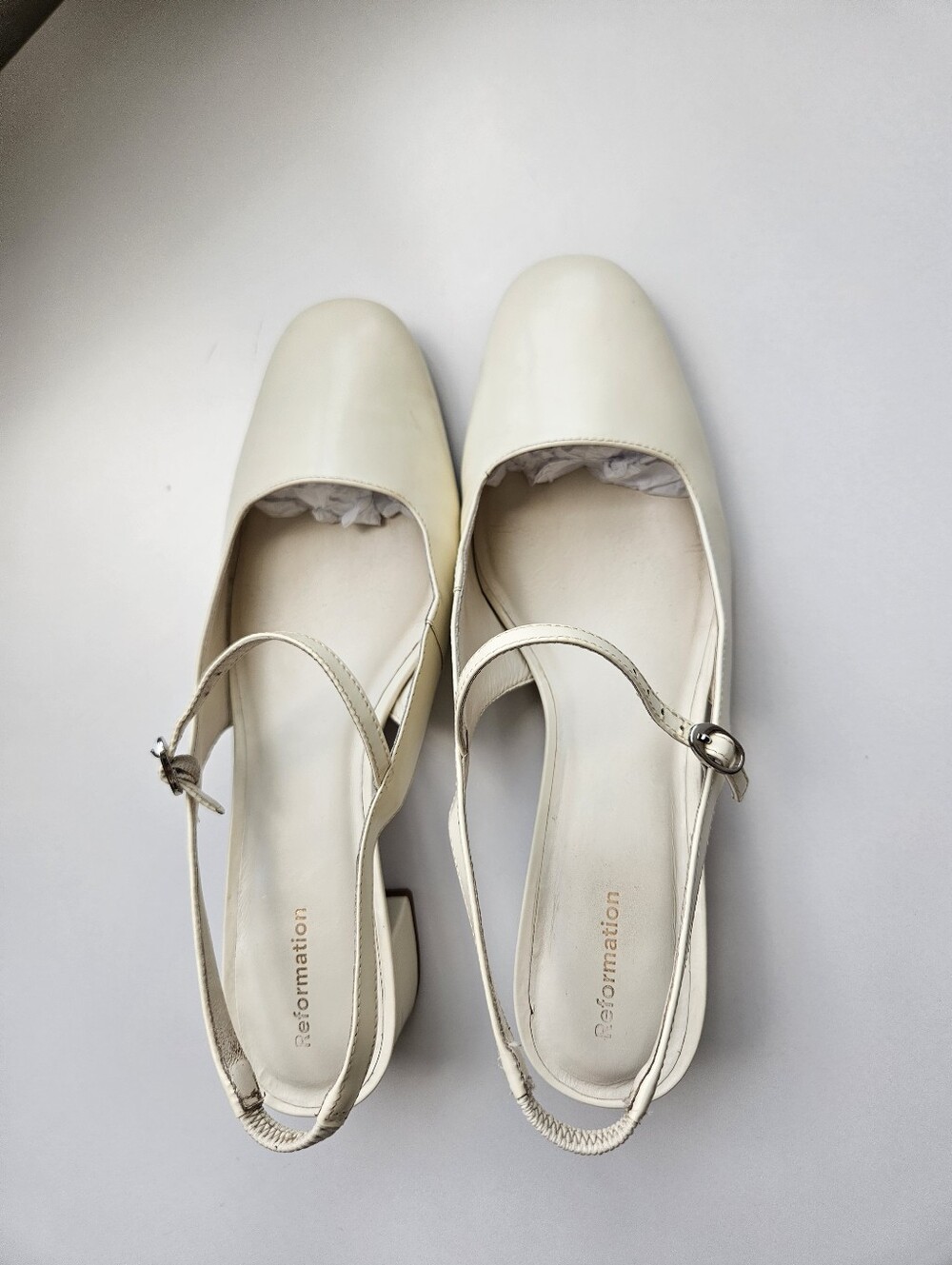 Reformation Maddox Cream Patent Leather Slingback Low Block Heel Round Toe Shoes - Picture 13 of 16
